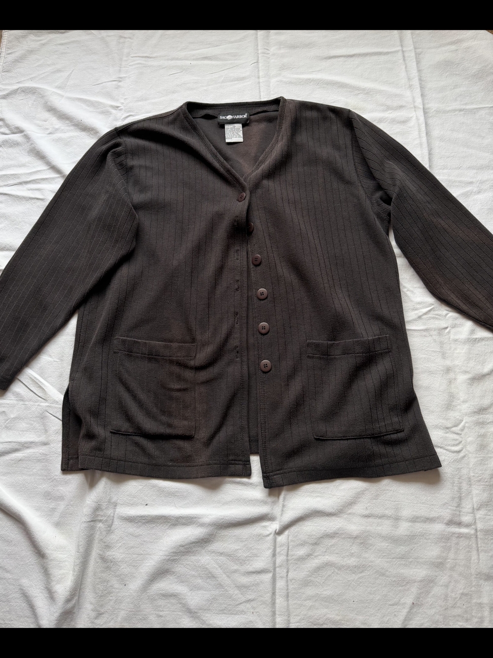 Sag Harbor Black Ribbed Button-Front Cardigan